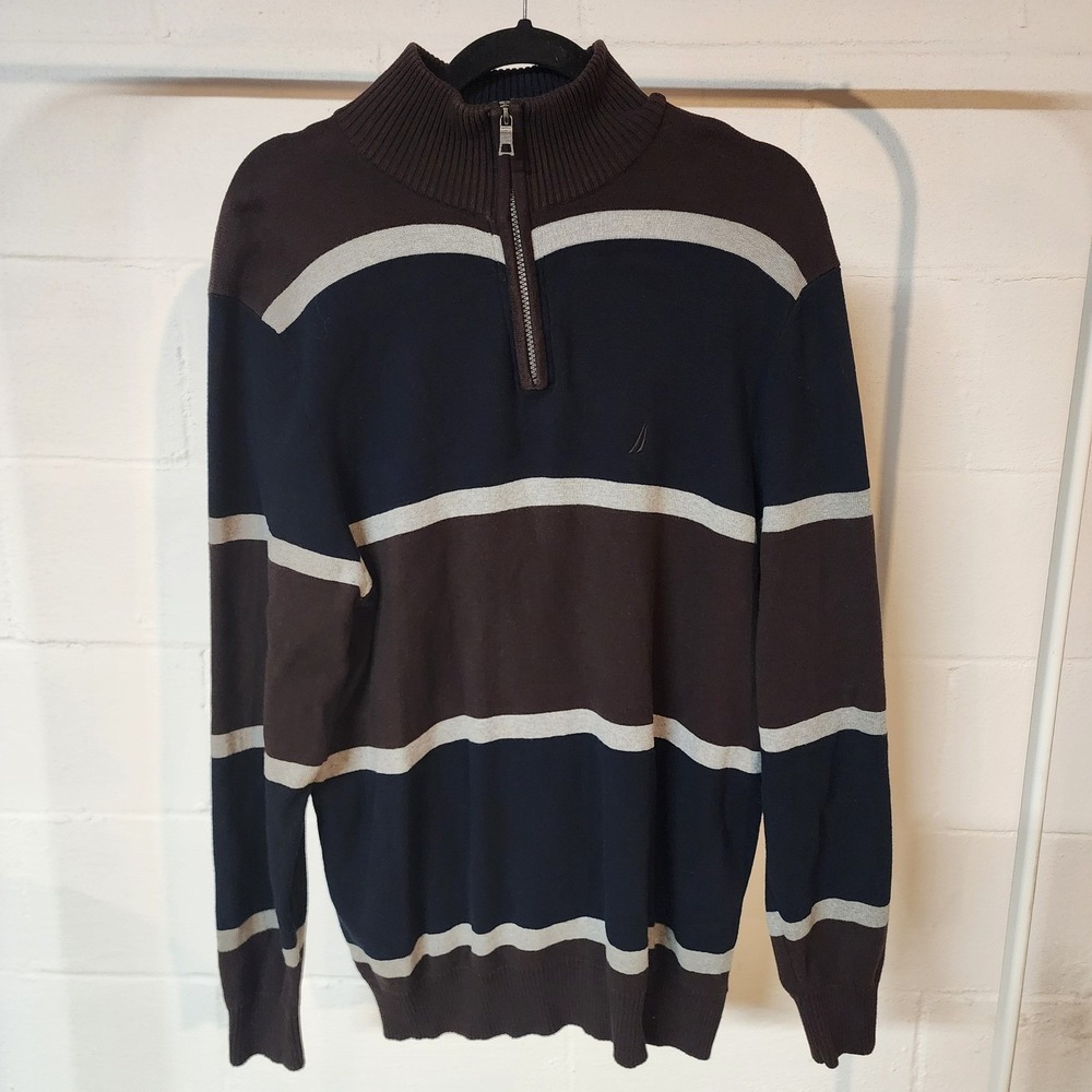 CLEARANCE 💲6️⃣ Nautica Mens 1/4 Zip Sweater Brown Blue Stripe Pullover Cotton